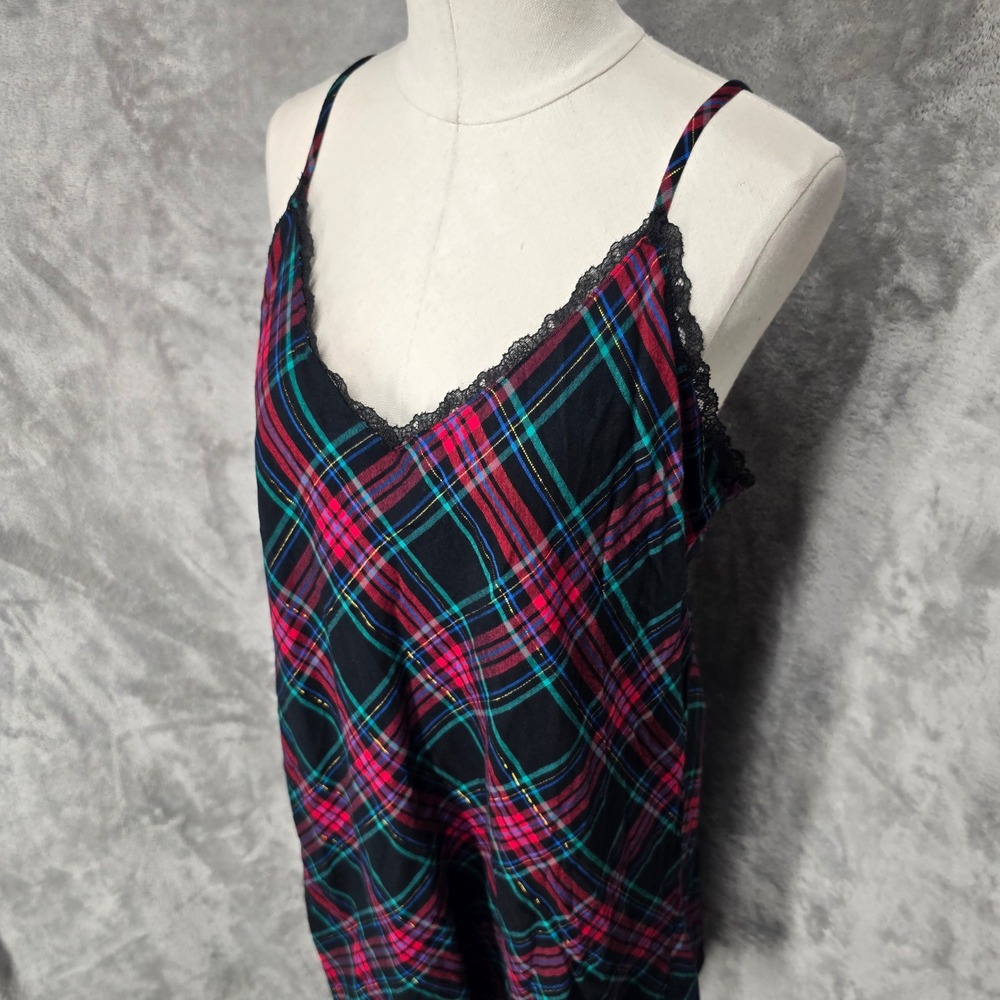 Victorias Secret Slip Dress Womens XXL Black Pink Plaid Lace Trim Nightie Grunge - Picture 15 of 15